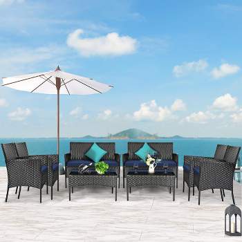 Costway 8PCS Patio Rattan Furniture Set Cushioned Sofa Coffee Table Backyard Turquoise/Red/Grey/White/Navy