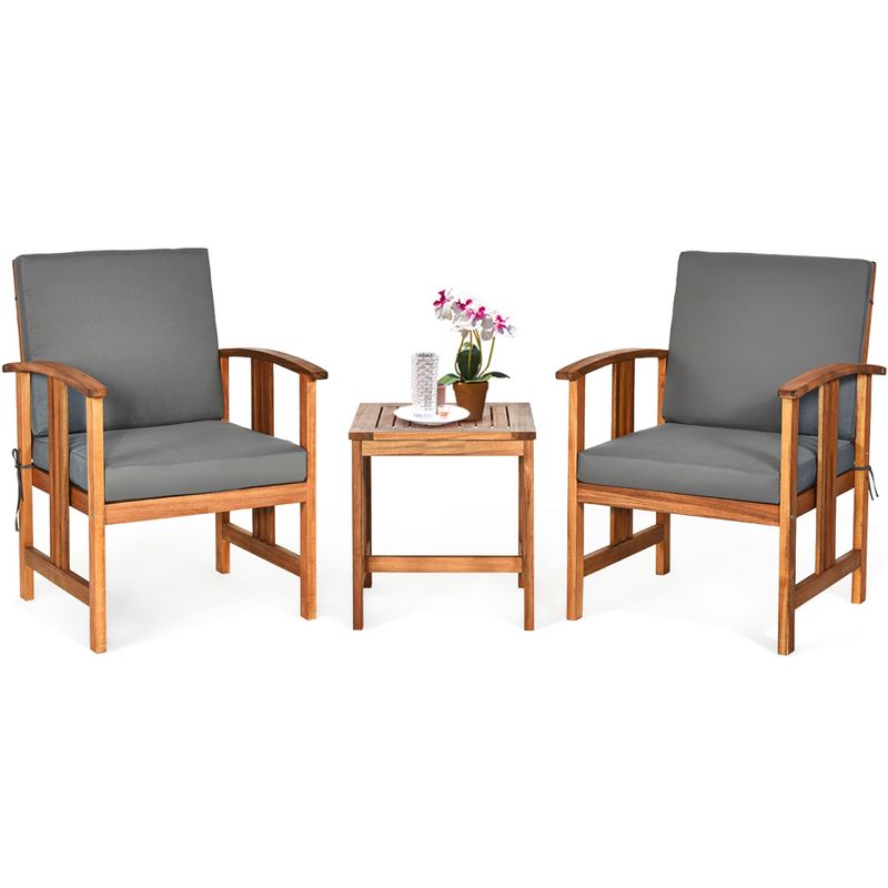 Costway 3PCS  Solid Wood  Patio  Furniture Set Table&Chairs Grey Cushion, 1 of 14