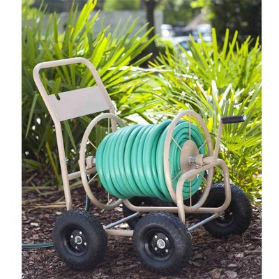 Liberty Garden 870 Industrial 4 Wheel 300' of 5/8" Hose Steel Frame Water Hose Reel Cart for Backyard, Garden, or Home, Beige