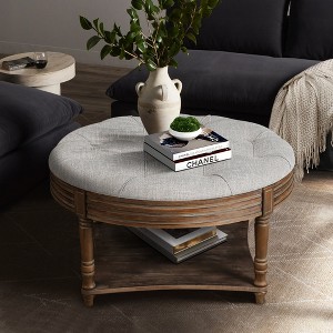 31.5" Linen Upholstered Ottoman Coffee Table with Button Tufted Design and 2-Tier Wooden Shelf Storage with Waterproof Surface and Easy Assembly - 1 of 4