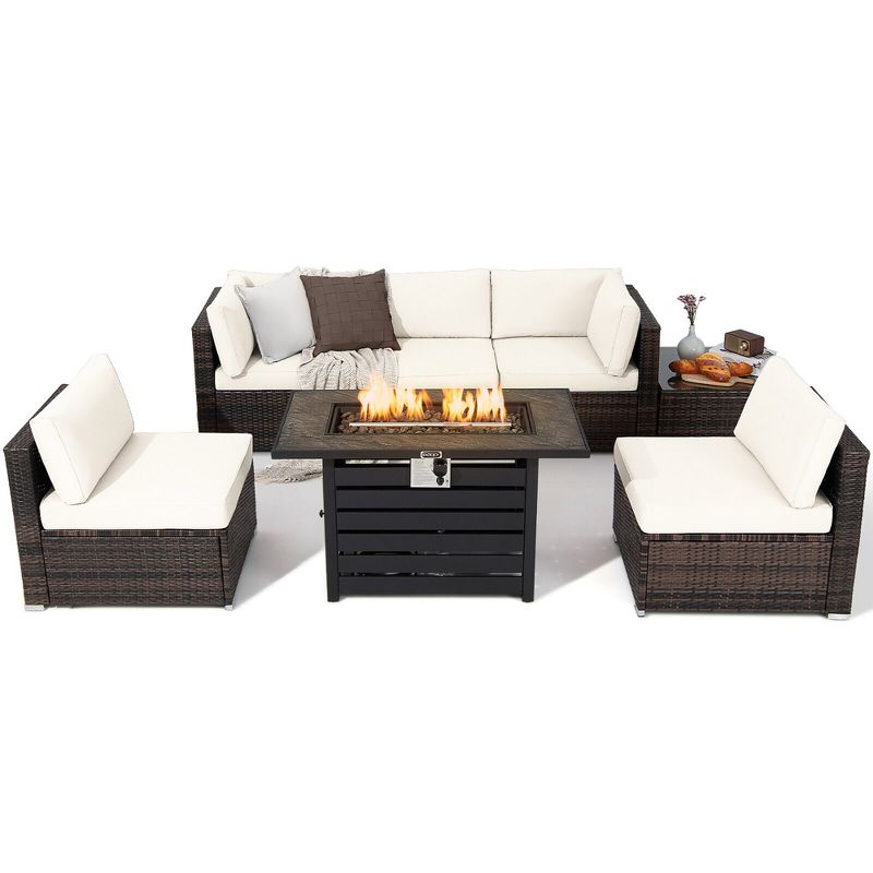 Tangkula 7PCS Patio Rattan Furniture Set 42" Fire Pit Table w/ Cover Cushioned, 1 of 11