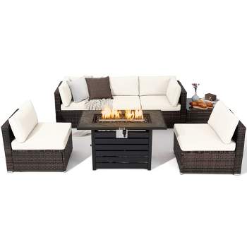 Tangkula 7PCS Patio Rattan Furniture Set 42" Fire Pit Table w/ Cover Cushioned