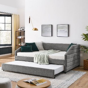 CAVINAS Twin Size Bed Frame, Linen Fabric Upholstered Daybed with Trundle, Tufted Sofa Bed with Diamond-Tufted Backrest and Stylish Wingback Arms - 1 of 4