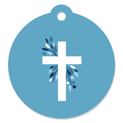 Big Dot of Happiness Blue Elegant Cross - Boy Religious Party Favor Gift Tags (Set of 20)