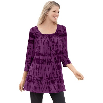 Woman Within Women's Plus Size Tie-Dye Smocked Square-Neck Tunic