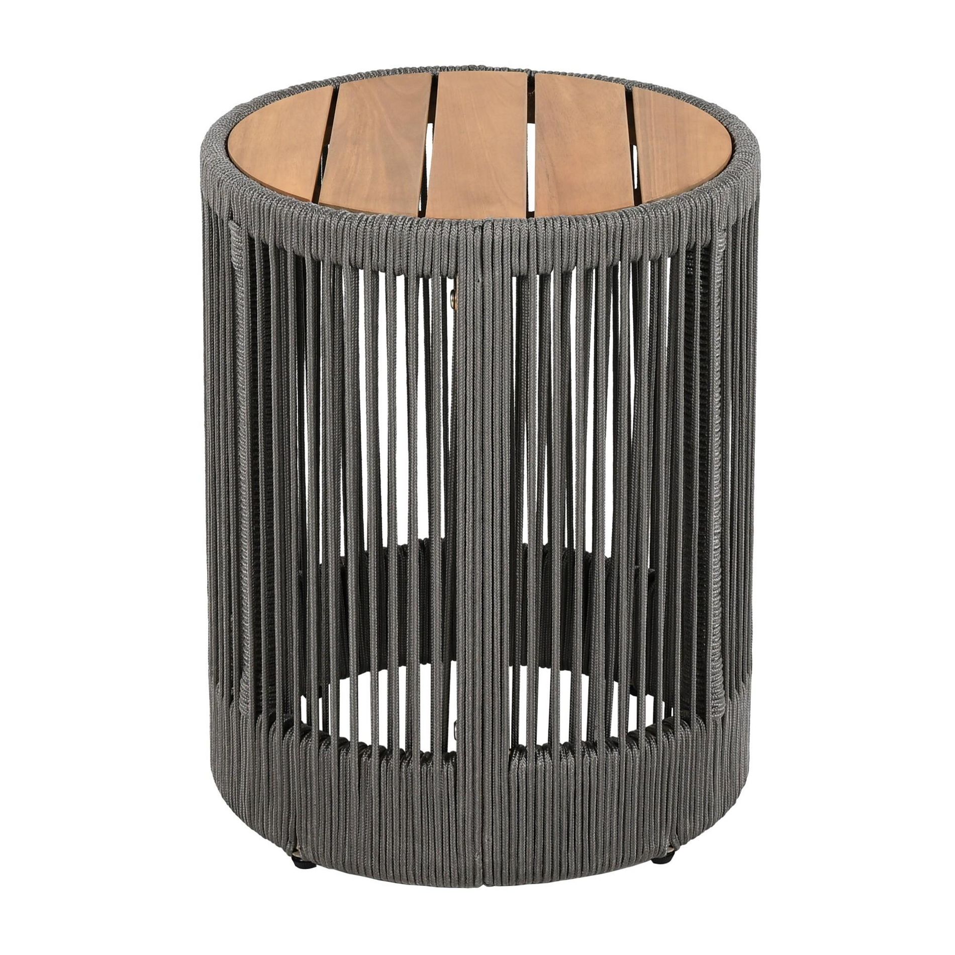 NAYSAYE Patio Accent Table Set Outdoor Rattan Rope Acacia Wood Side Table for Garden, Gray and Teak, 15"*15"*18.25"