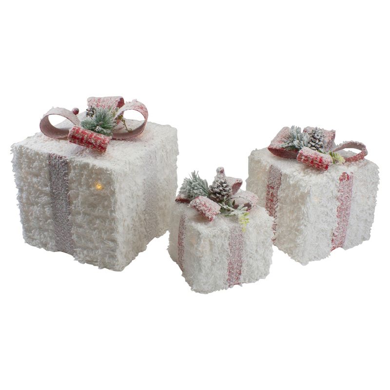 Northlight Set of 3 LED Frosted Rattan Christmas Gift Boxes with Pinecones - 10", 1 of 4