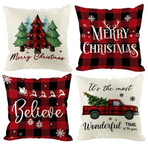 Christmas Pillow Covers 18x18 inch Set of 4, Holiday Winter Indoor Red Plaid Vintage Tree Snowflake - 1 of 4
