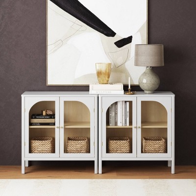 White and Light Oak Glass Door Storage Cabinet with Brass Handles