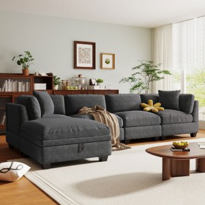 Tailored Modular Sofa with Detachable Storage Ottoman, Two Secreted Cup Holders, Ideal Sectional for Living Room or Apartment - 1 of 4