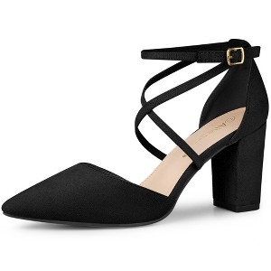 Allegra K Women's Pointed Toe Buckle Cross Strap Chunky Heels Pumps - 1 of 4