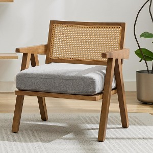 Mid Century Modern Armchair with Rattan Backrest & Thick Linen Cushion, Wood Frame Upholstered Reading Chair for Living Room, Bedroom, Sunroom - 1 of 4
