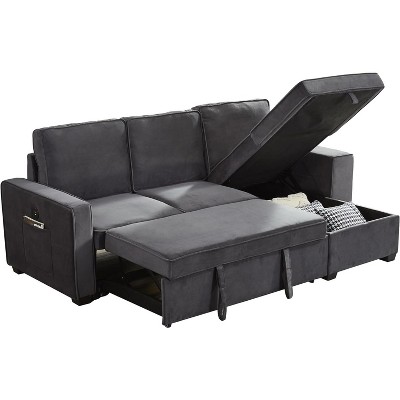 Mid-Century Modern Velvet Sleeper Sofa L-Shaped Sectional Sofa Pull Out SofaBed Convertible Sofa Bed with Storage Chaise & USB for Living Room-Brown
