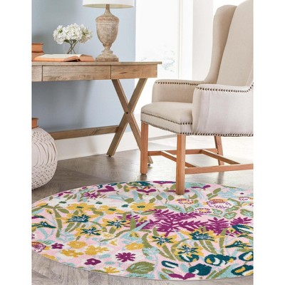 Bloom Collection 10' Round Pink and Ivory Floral Area Rug