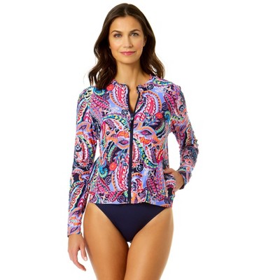 Anne Cole Women's Paisley Parade Long Sleeve Zip Front Rash Guard