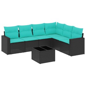 vidaXL 7 Piece Patio Sofa Set with Cushions Black and Blue Poly Rattan - With Table - 1 of 4