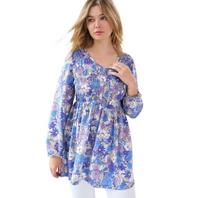 ellos Plus Size V-Neck Tunic With Smocked Bodice