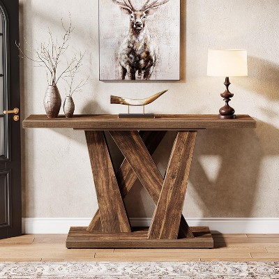 Rustic Brown 55'' Wood Console Table with Geometric Base