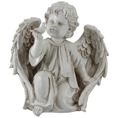 Northlight 10" Ivory Angel Boy on Knee with Bird Outdoor Garden Statue