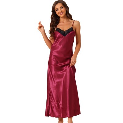 cheibear Women's Satin Long Sleeve Lace V-Neck Nightgown Pajama Dress Red X  Small