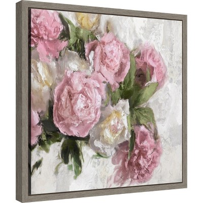Floral Pink Peonies Canvas Wall Art with Graywash Frame