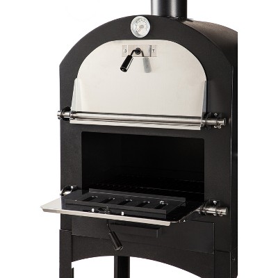 Black Steel Outdoor Charcoal Grill and Oven with Wheels