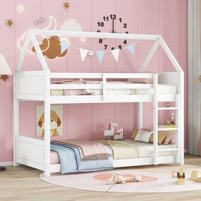 LOVMOR Twin Over Twin House Floor Bunk Bed with Headboards, Footboards and Guardrails, Ladder, Rubber Wood Bunk Bed with Safety Guardrails