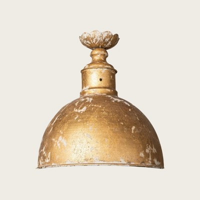 Vintage Farmhouse Pendant Light, Handcrafted Rustic Metal Hanging Lamp, Distressed Gold Finish,  11.6" Diameter