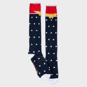 Women's Wonder Woman Lettuce Edge Americana Knee High Socks - Red/White/Navy 4-10: Polyester Spandex Knit - 1 of 3