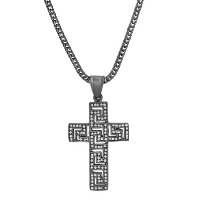 Steeltime 24" Men's black ip stainless steel and simulated diamonds cross pendant with greek key accents