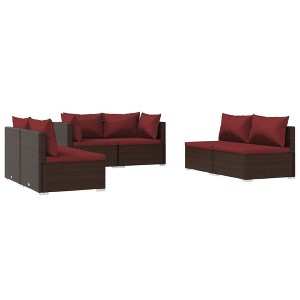 vidaXL 6 Piece Patio Lounge Set Designed with Poly Rattan and Powder Coated Steel Frame - Includes Thick Cushions and Pillows, Brown and Cinnamon Red - 1 of 4
