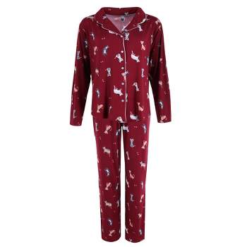 PJ Couture Women's Cat Print Notch Collar Pajama Set