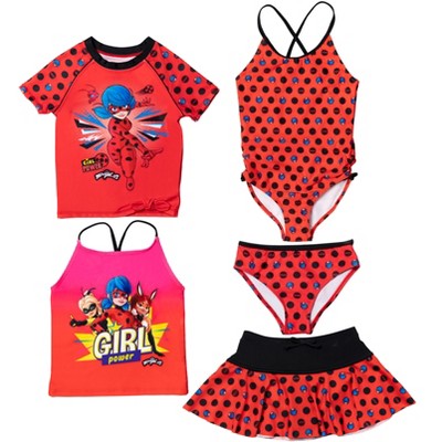 Miraculous Ladybug Little Girls 5 Piece Swimsuit Set: One-Piece Swimsuit Swim Rash Guard Tankini Top Bottom Skort Black/Red 5-6