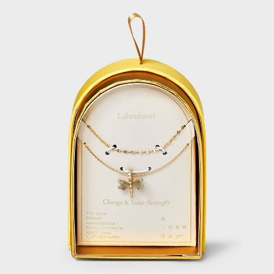 14K Gold Dipped Cubic Zirconia Labradorite Dragonfly Pendant Multi-Strand Necklace - A New Day™ Gold