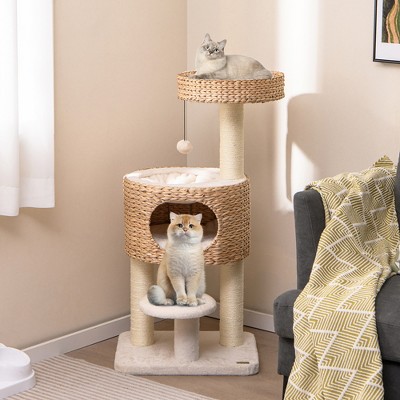Natural Sisal and Plywood Cat Tree with Cozy Perch and Condo