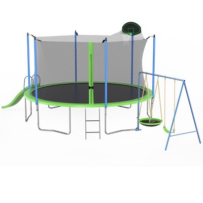 HFYee 12/14FT Mega Playground Trampoline Slide, Swings & Hoop Safety Combo for Ages 8+ High Capacity