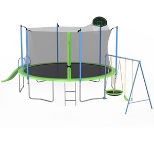 HFYee 12/14FT Mega Playground Trampoline Slide, Swings & Hoop Safety Combo for Ages 8+ High Capacity - 1 of 4