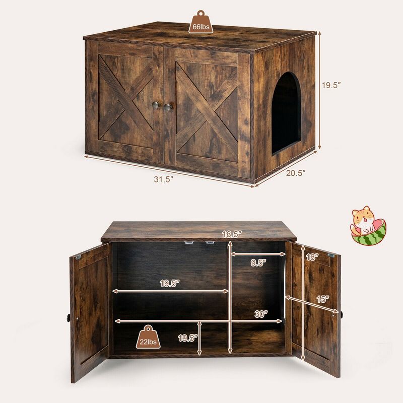 Costway Wooden Cat Litter Box Enclosure Hidden Cabinet Furniture w/ Divider Pet House, 2 of 11