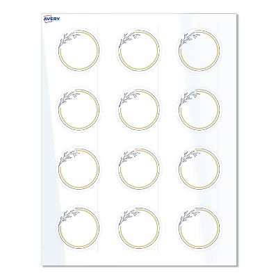 Avery Labels, 2" Diameter, Glossy White, Gold & Navy Border w/ Florals, 120ct