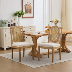 Rbied Full Solid Wood Rattan-Back Dining Chair, Matte Linen Cushion with High-Resilience Foam for Rustic/Natural Style Dining Room, Café, Set of 2 - 1 of 4
