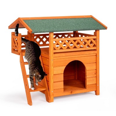 phiestina 2-Story Wooden Feral Cat House, Orange & Green, with Weatherproof Roof, Stairs & Door for Indoor/Outdoor Use