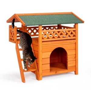 phiestina 2-Story Wooden Feral Cat House, Orange & Green, with Weatherproof Roof, Stairs & Door for Indoor/Outdoor Use - 1 of 4