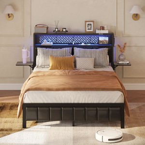 Bestier Full/King/Queen Size Bed Frame Upholstered Headboard Bed, LED Platform Bed with Foldable Trip Shelves & Storage Headboard Charge Station - 1 of 4