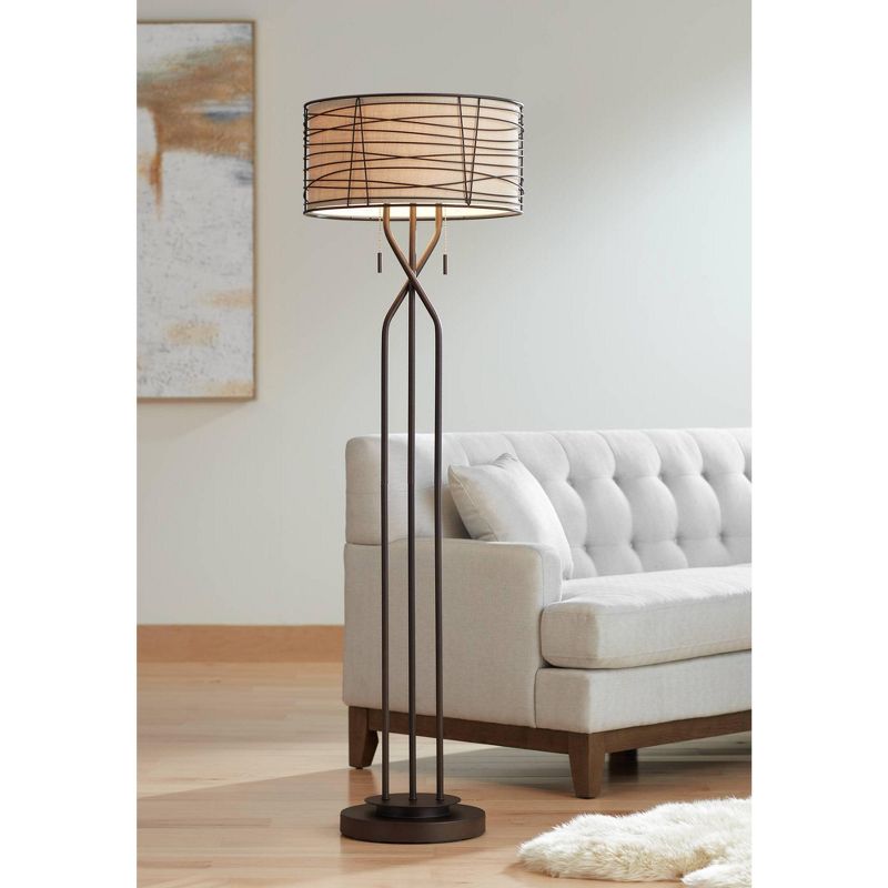 Franklin Iron Works Marlowe Rustic Farmhouse Floor Lamp 60 1/2" Tall Bronze Metal Oster Woven Burlap Fabric Inner Drum Shade for Living Room Bedroom, 3 of 11