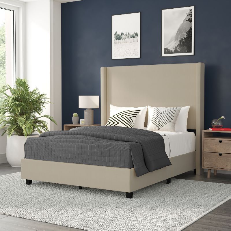 Flash Furniture Quinn Upholstered Platform Bed with Channel Stitched Wingback Headboard, Mattress Foundation with Slatted Supports, No Box Spring Needed, 3 of 13