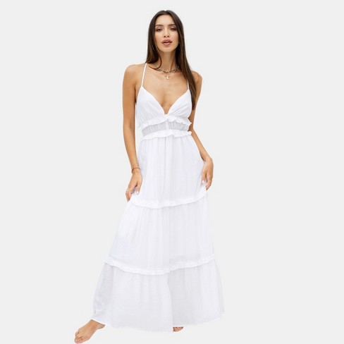 Women's Plunge Frill Slip Maxi Dress - Cupshe-xl-white : Target
