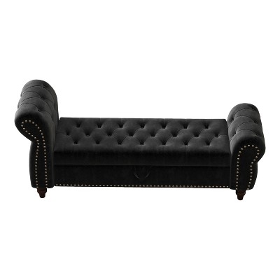 Vynxaria 64.5" Black Tufted Bed Bench with Storage - Elegant Ottomans and Benches for Bedroom