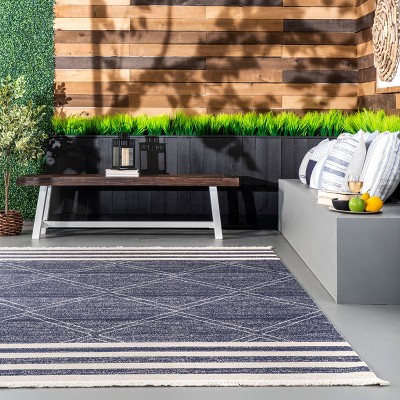 Blue and Beige Striped Synthetic Indoor/Outdoor Runner Rug