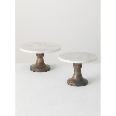 Sullivans Set Of 2 Marble Wood & Marble Pedestal 7"H & 7"H Gray