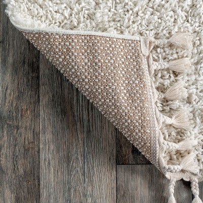 Ivory Rectangular Braided Shag Area Rug with Tassels